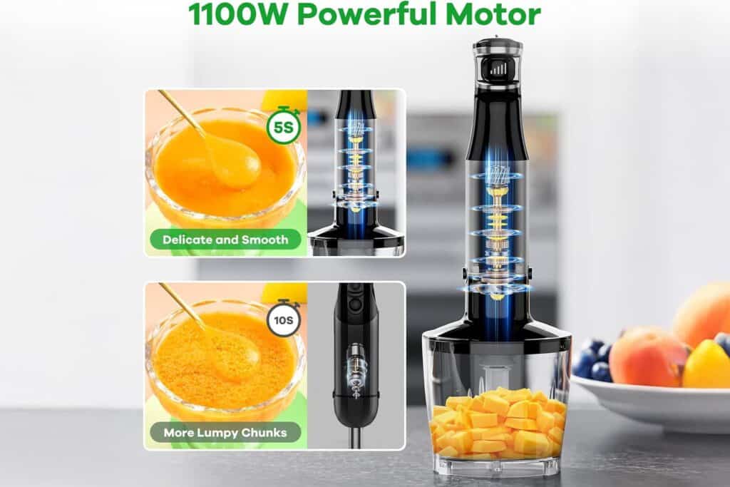 A blender with a fruit in it and the words 1100w powerful motor