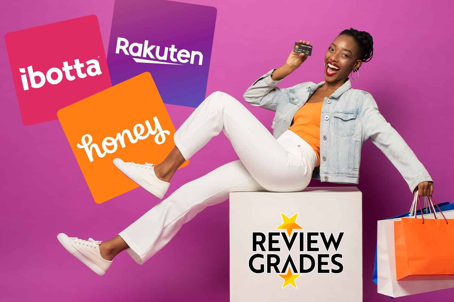 shopping woman holding credit card surrounded by ibotta rakuten and honey logos