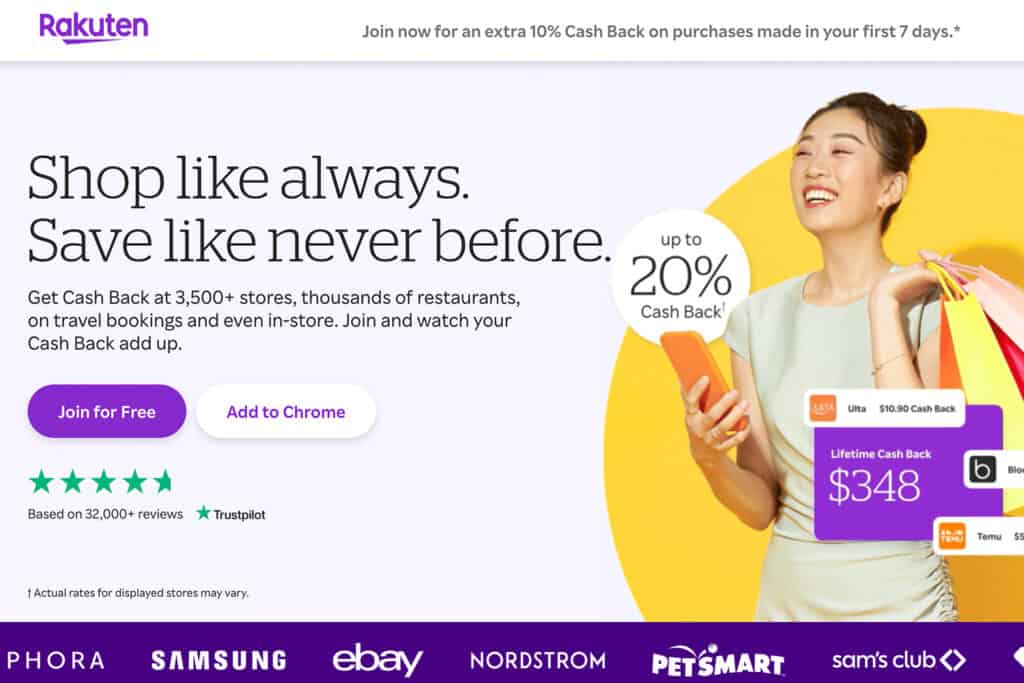 rakuten ebates cash back app sample screenshot